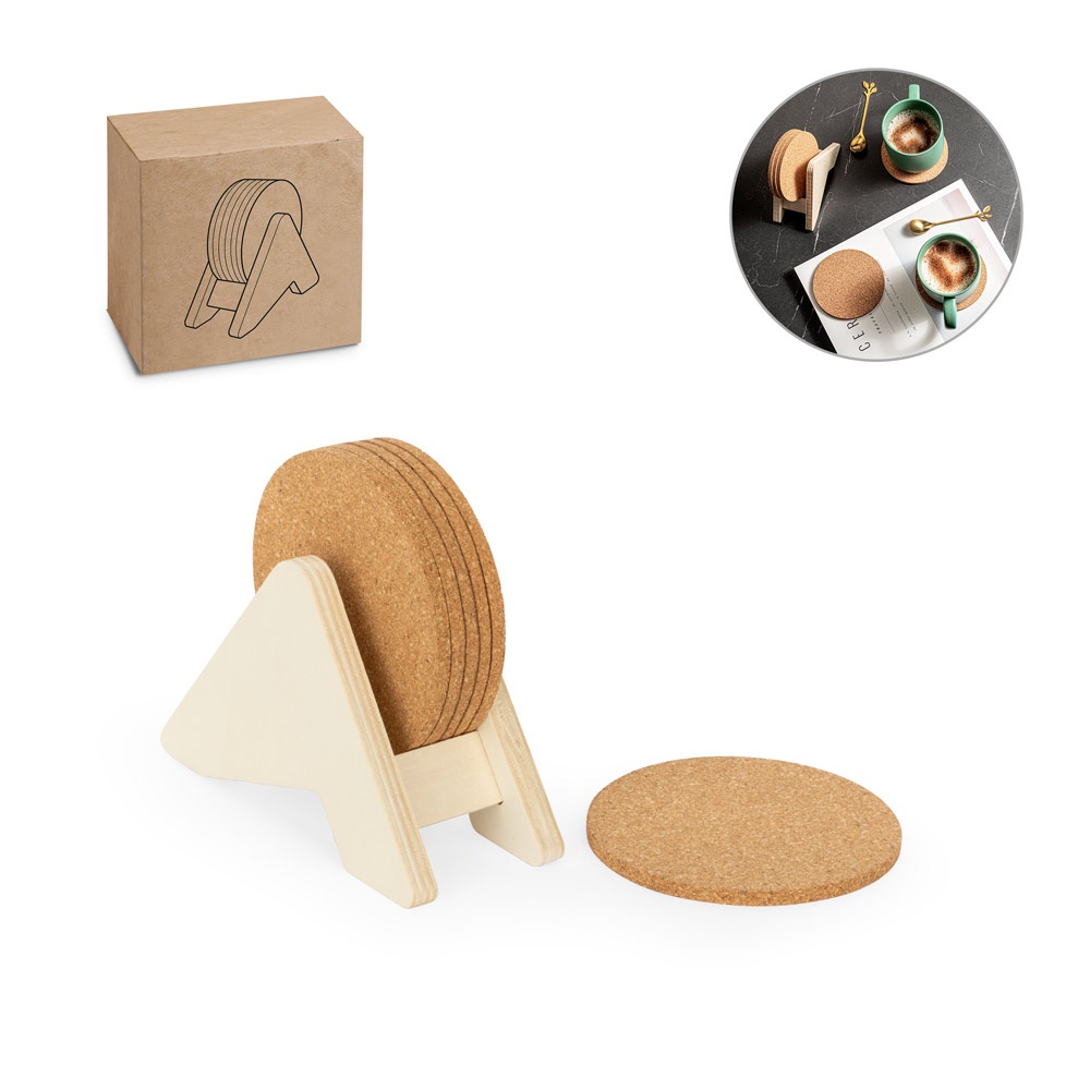 PLYCORK. Soporte de madera contrachapada con 6 posavasos de corcho - imagen 1